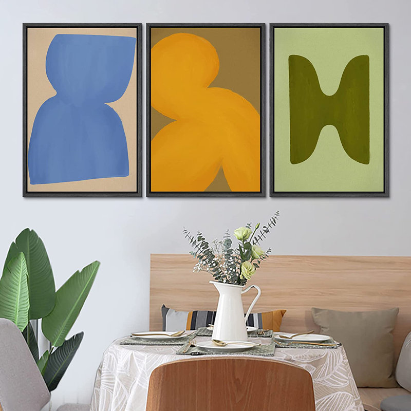 Vibrant Mid-Century Polygon Variété, formes abstraites, ensemble d'illustrations sur toile flottante 3 pièces, Noir