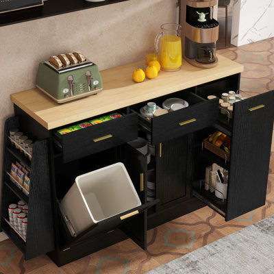 Buffet de cuisine avec poubelle coulissante dissimulée, deux tiroirs et un support à épices à 3 niveaux, noir, rangement polyvalent de style contemporain, armoire à portes coulissantes, armoire extérieure élégante