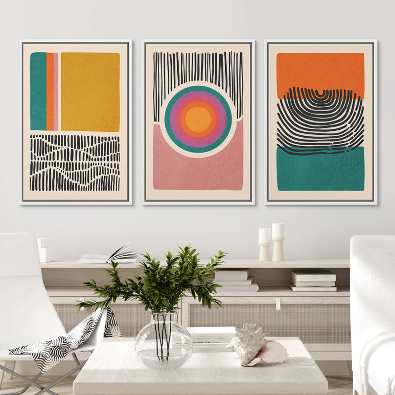 «Mid-Century Multicolor Color Block Shape Abstract Geometric», ensemble de 3 impressions sur toile flottante encadrées