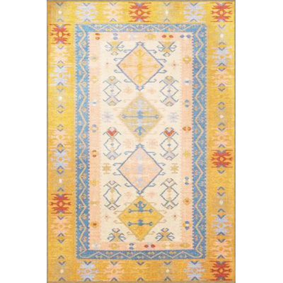 Yellow Themed Traditional Motif Fringed Vintage Decorative Rug