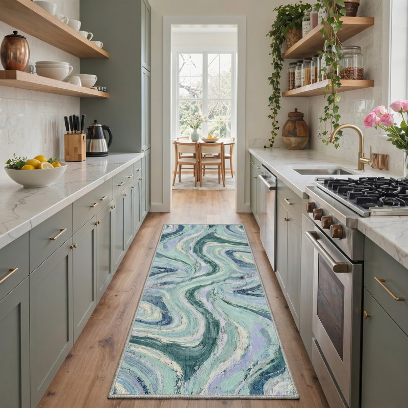 Tonicka Vortex Abstract Machine Washable Blue / Purple / Beige Indoor Area Rug with Non-Slip Backing, Runner 2' x 7'