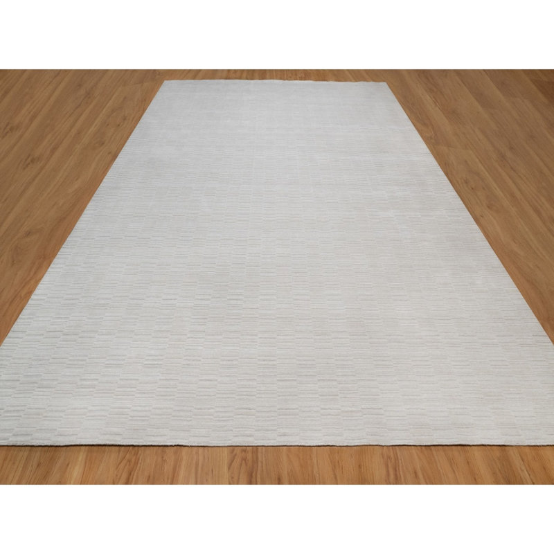 Tapis oriental tissé à la main 12 pi 1 po x 15 pi, motif moderne Striae, texturé, polyester, très grand, très grand