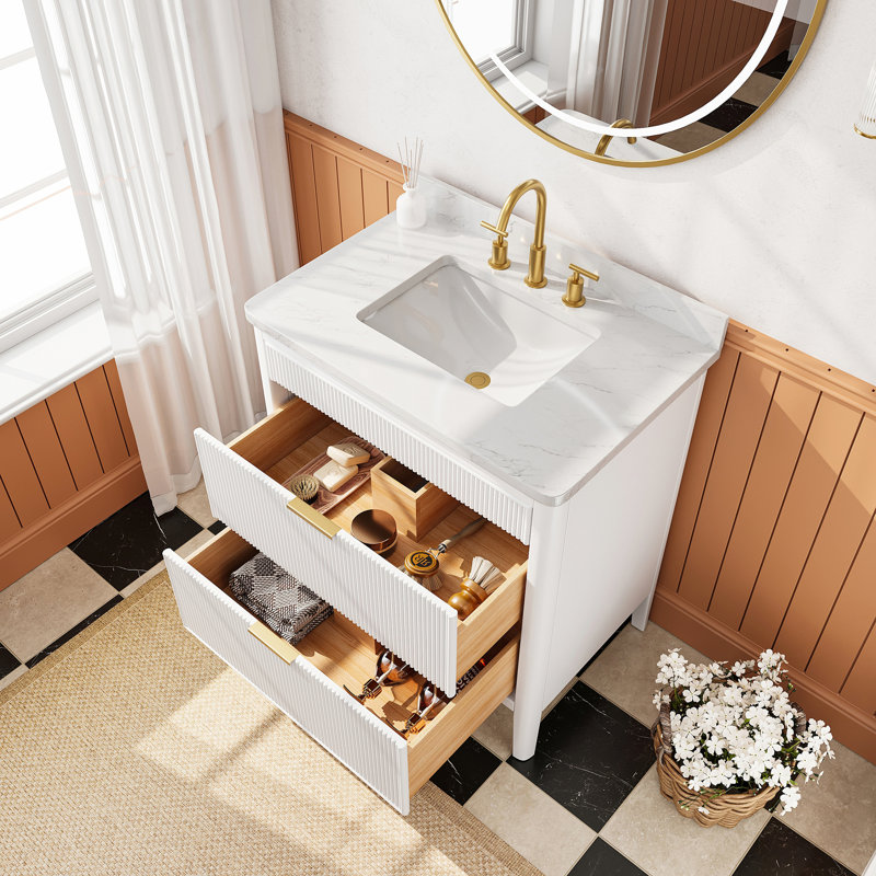 Meuble-lavabo autoportant blanc entièrement assemblé de 30 po avec comptoir en bois massif et marbre d'ingénierie, durable et élégant