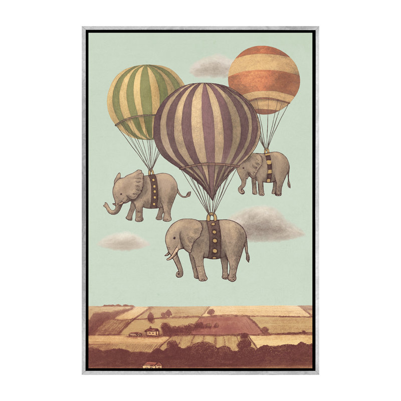 «Flight of the Elephants Mint» par Terry Fan - impression, Toile avec cadre argenté, Pas de tapis