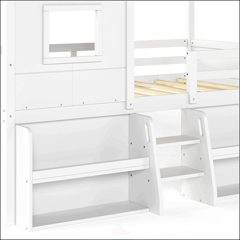 Lit mezzanine simple avec tablettes et escaliers de rangement, lit mezzanine avec toit en forme de maisonnette et fenêtre, conception enfantine et sans sommier, blanc