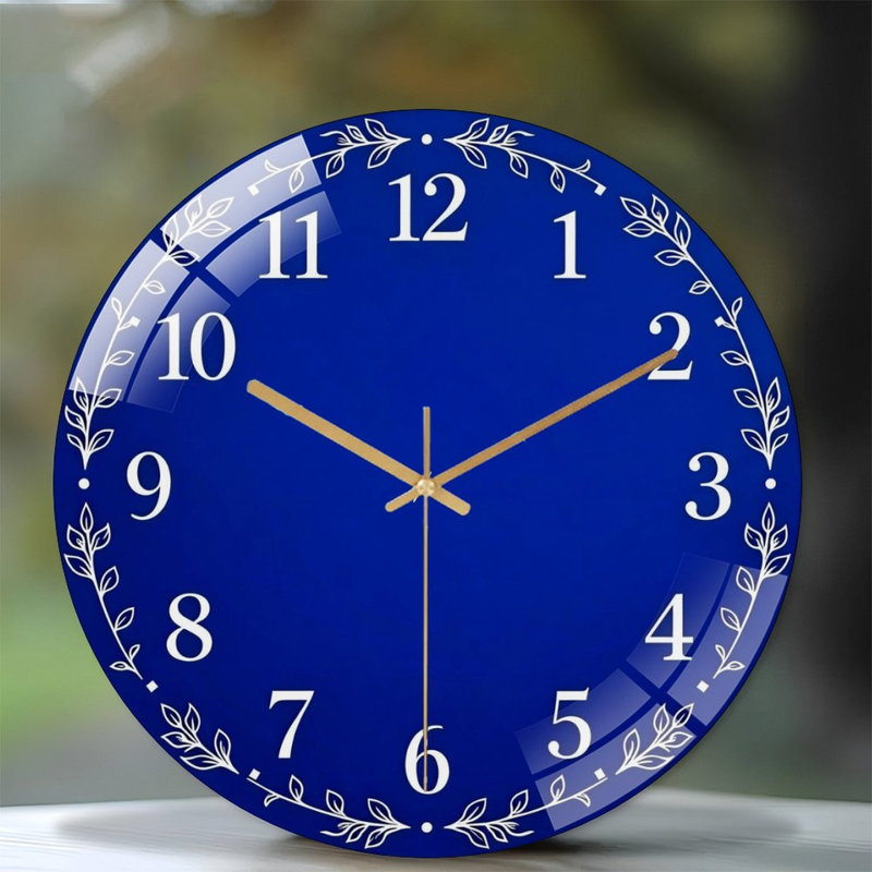 Horloge murale 12 po ronde en verre trempé avec mouvement à quartz silencieux, Bleu foncé