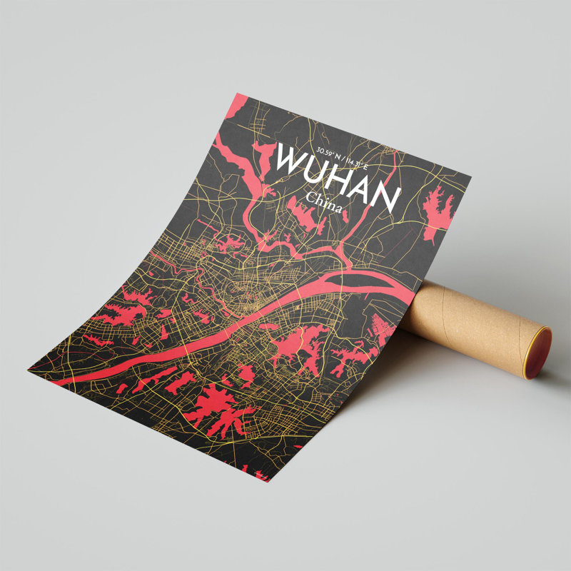 Carte de la ville de Whan, impression, Noir / rouge / jaune, H 24 po x l 18 po