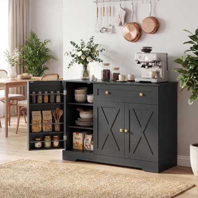 47" Sideboard Buffet Cabinet, Farmhouse Kitchen Cabinet, Black