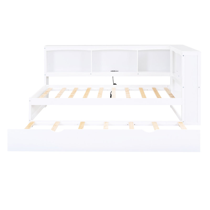 Lit de jour simple en blanc avec lit gigogne et rangement - Fabrication en bois et ports de chargement, Blanc