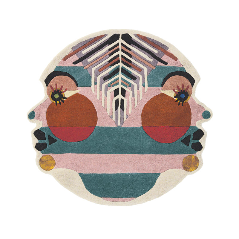 Geometric Area Rug in Teal/Red/Pink/Ivory, Round 6'7"