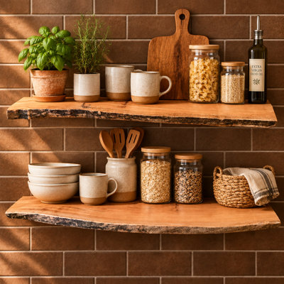 PAIR-Set of 2 Live Edge American Sycamore Wood Floating Wall Shelves