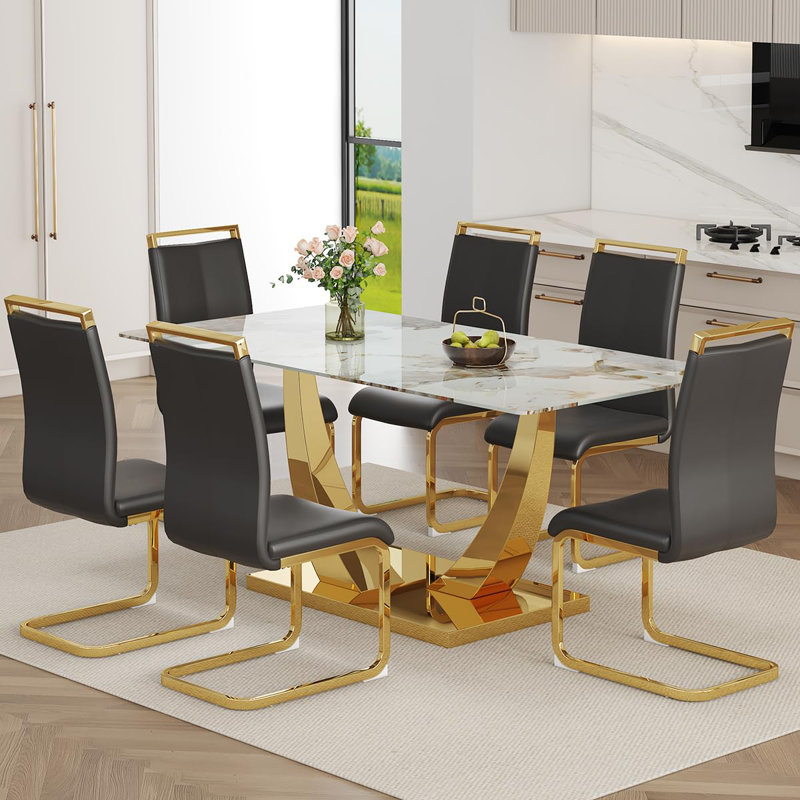 71'' Modern Dining Table Set, Tempered Glass Top with Gold Metal Base, PU Leather Chairs, Luxury Dining Room Set, Black