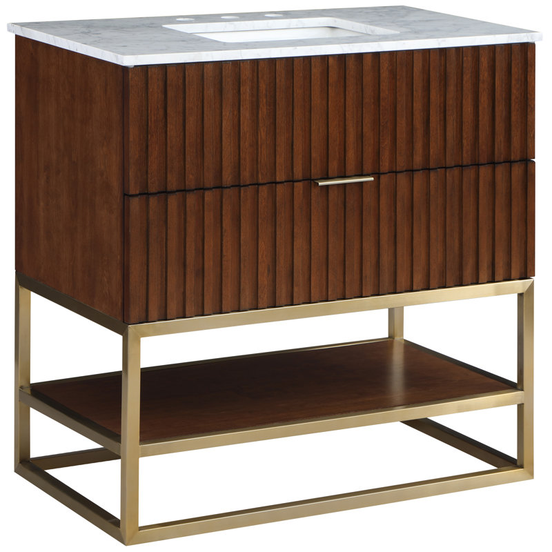 Monad 36'' Brushed Gold Single Freestanding Vanity with Marble Top