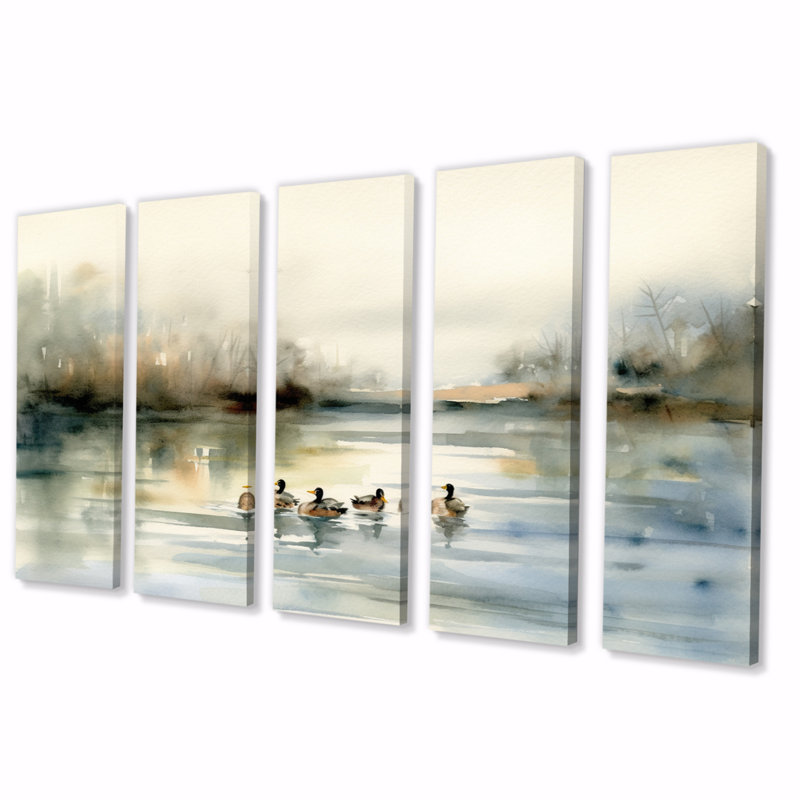 «Ducks In Pond II», reproduction sur toile - 5 panneaux égaux