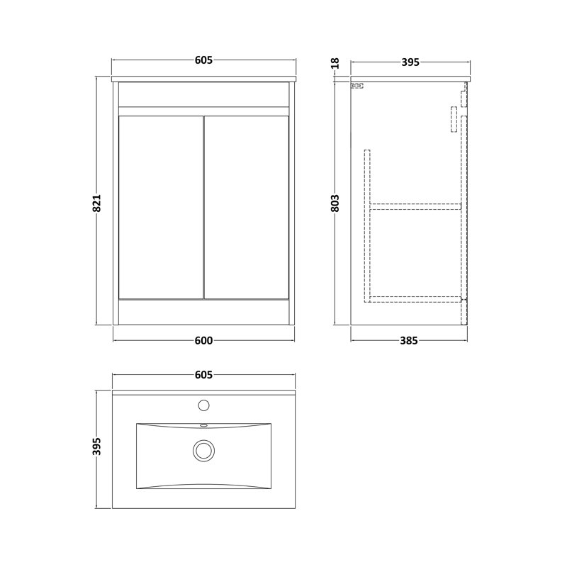 nuie Havana 600mm Soft Linen 2 Door Floor Standing Vanity Unit With Minimalist Basin, Soft Linen, 62 cm W