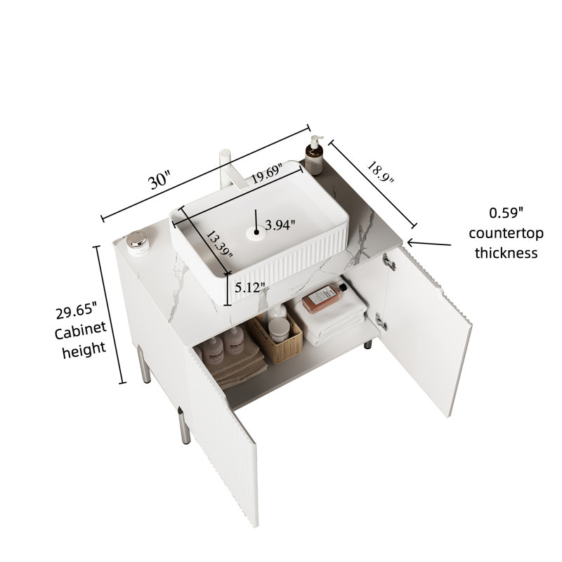 Meuble-lavabo de 30 po avec lavabo rectangulaire en céramique blanc, rangement autoportant à 2 portes, comptoir, conception à rayures françaises, amortisseur à fermeture en douceur, portes, évier d'armoire, style romantique, panneau de particules