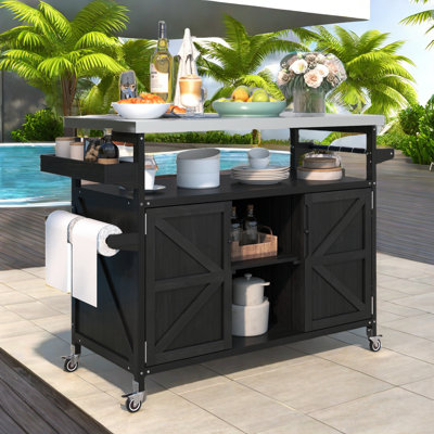 Jandirk Outdoor Kitchen Island With Stainless Steel Top, Spice Rack, Towel Rack, 4 Wheels, Open Shelves And Cabinets