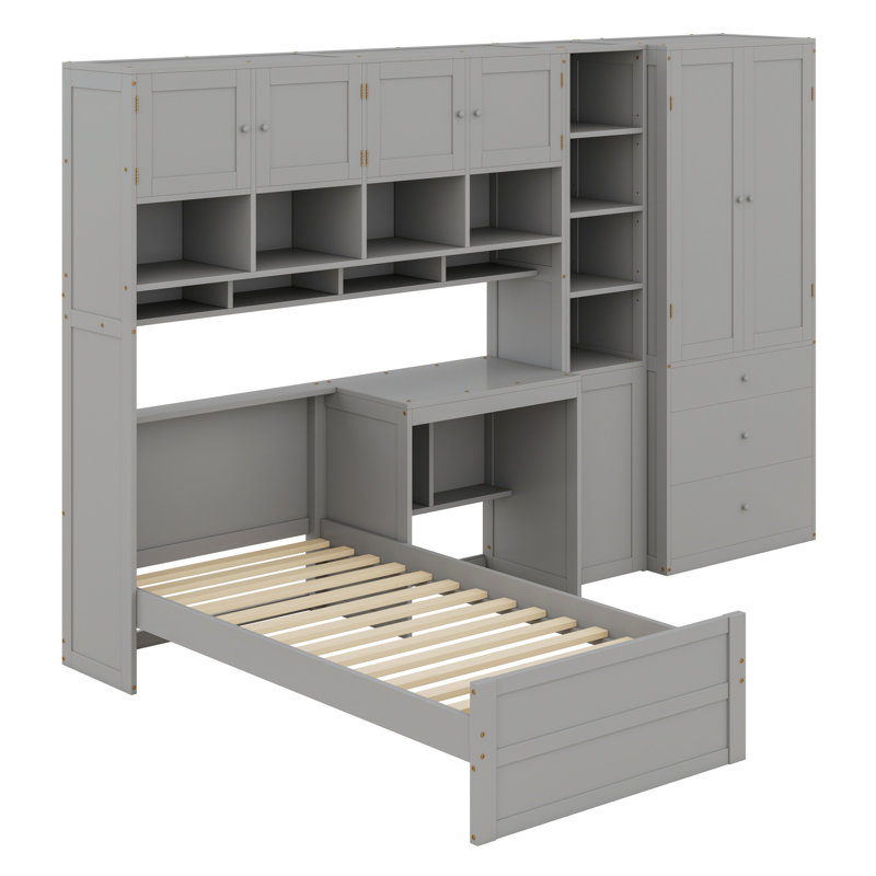 Lit plateforme moderne avec bureau, armoire, armoires et tiroirs pour un rangement maximal, Gris