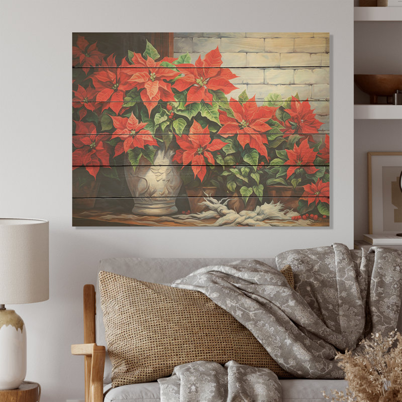Poinsettias Farmhouse Still Life - Poinsettias Wood Art On Natural Pine Wood, 10" H x 20" W
