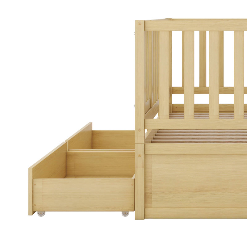 Dytrell Full Size Wood Daybed with Fence Guardrails and 2 Drawers, Natural
