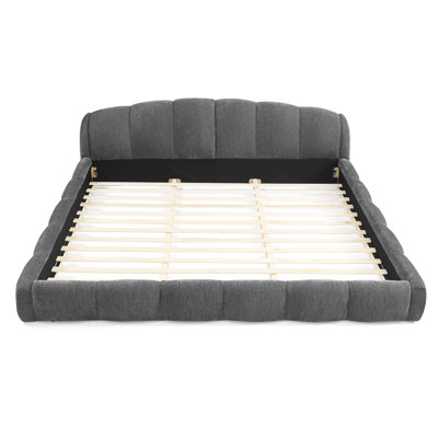 Low Upholstered Platform Bed Frame with Headboard for Minimalist Home, Cloud Floor Bed with Wood Slat Support for Adults, No Box Spring Required, King Size, DARK GREY