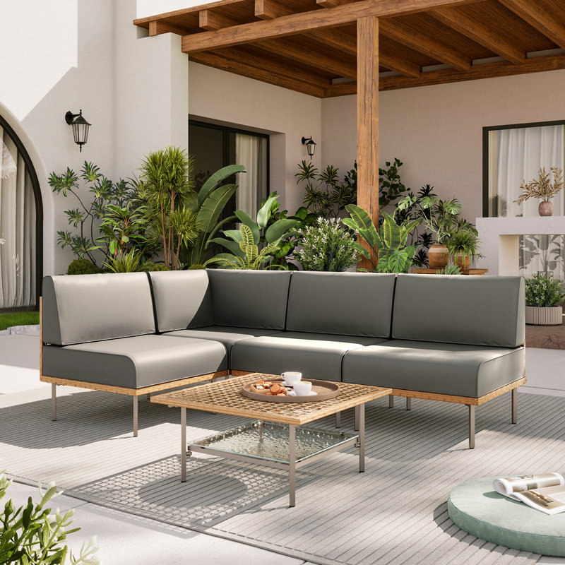 Ensemble de conversation modulaire d'extérieur avec coussins 4 personnes Janski, Gris