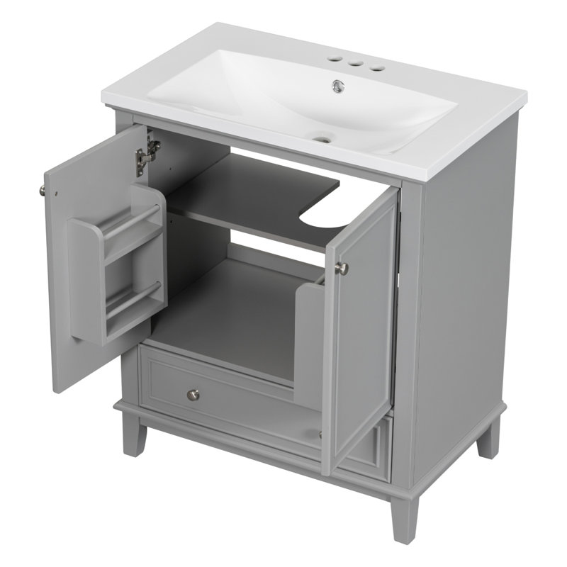 Meuble-lavabo multifonctionnel avec portes et tiroir, Gris