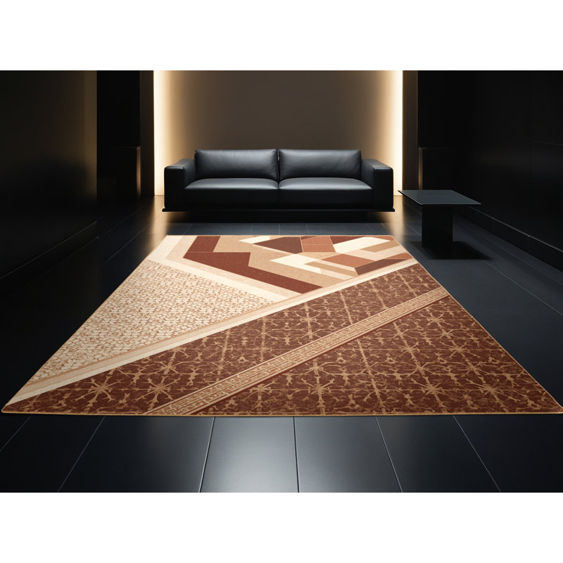 Tapis oriental moelleux moelleux d'inspiration mondiale en brun - reliure brun clair, 5 x 8