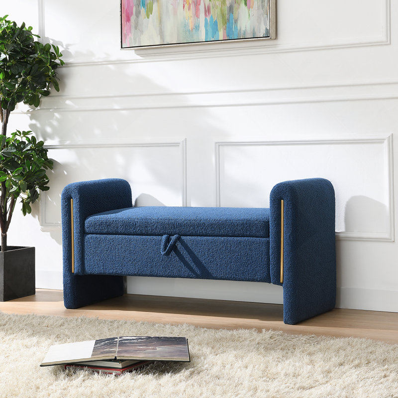 Banc de bout moderne avec accoudoirs et rangement, grand tabouret de repose-pieds rembourré, banc de meuble-lavabo de fenêtre confortable pour salon, chambre à coucher, dortoir, table basse, bleu marine Teddy