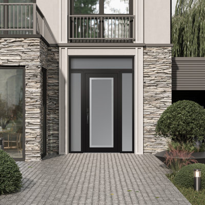 C1 Panel Silver Steel Black/White With 2 Sidelites And Transom Prehung Front Entry Door