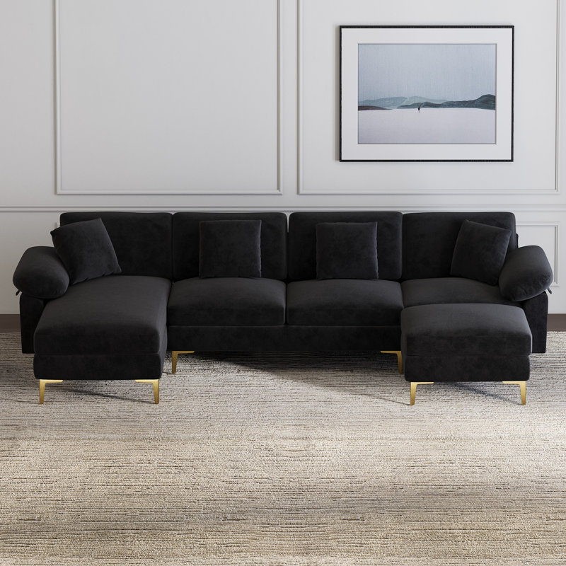 114" U Shaped Chenille Sectional Sofa with Chaise Ottoman and Gold Legs, Black Velvet