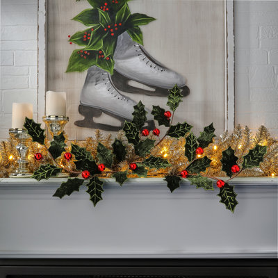 27" Velvet Holly Leaf Spray With Ball