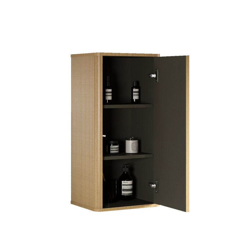 Oak Bathroom Wall Cabinet - Floating Side Storage For Tiny Spaces Pre-Assembled Scratch And Water 2 Adjustable Shelves Elegant Curved Edges Chic Look In Natural Mounted Compact Waterproof Stylish