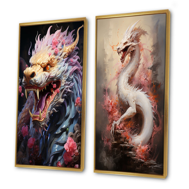 «China Dragon Dance I», ensemble de 2 reproductions d'art mural chinois, Encadrement doré, H 28 po x l 25 po