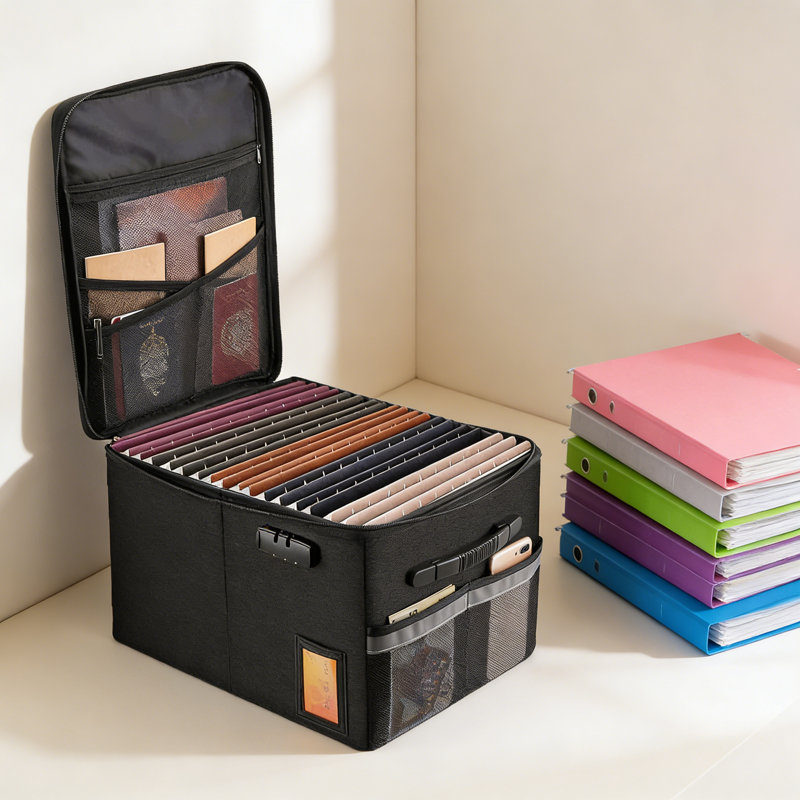Fireproof Document Box 16.1X12.9X11in File Organizer Box With Lock Portable Office Safe Box
