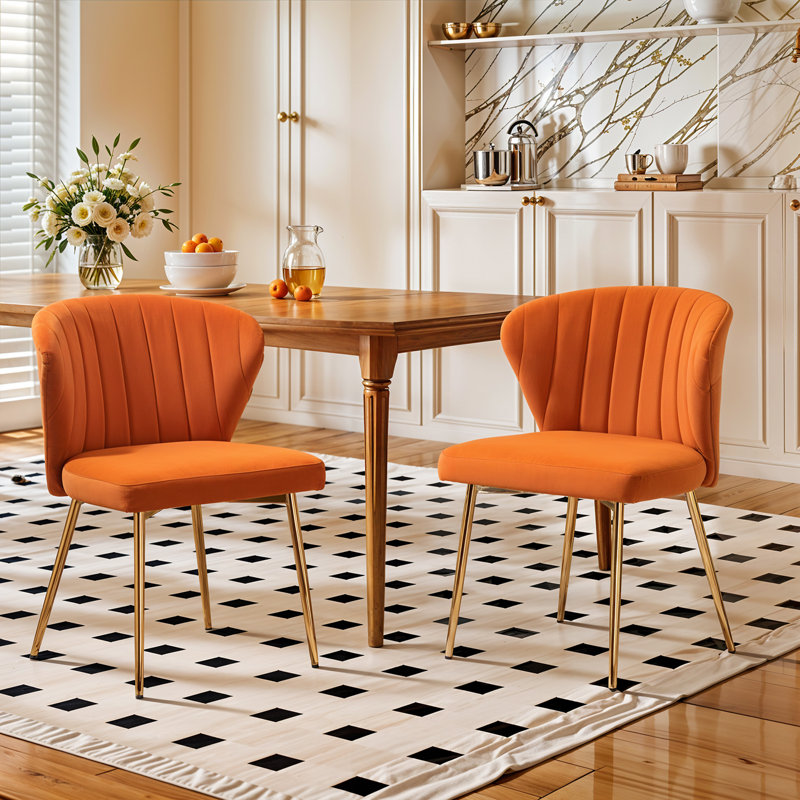 Modern Tufted Velvet Curved Back Dining Chair with Metal Legs, Orange