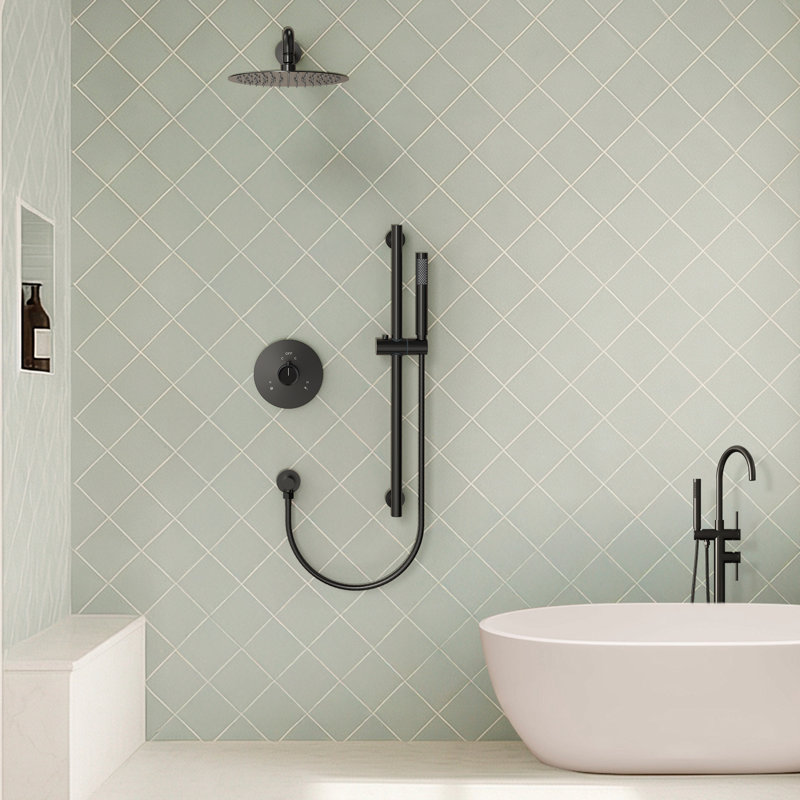 Système de douche à pression équilibrée, robinet de douche à pluie 10 "avec barre coulissante et douchette à main, Noir mat