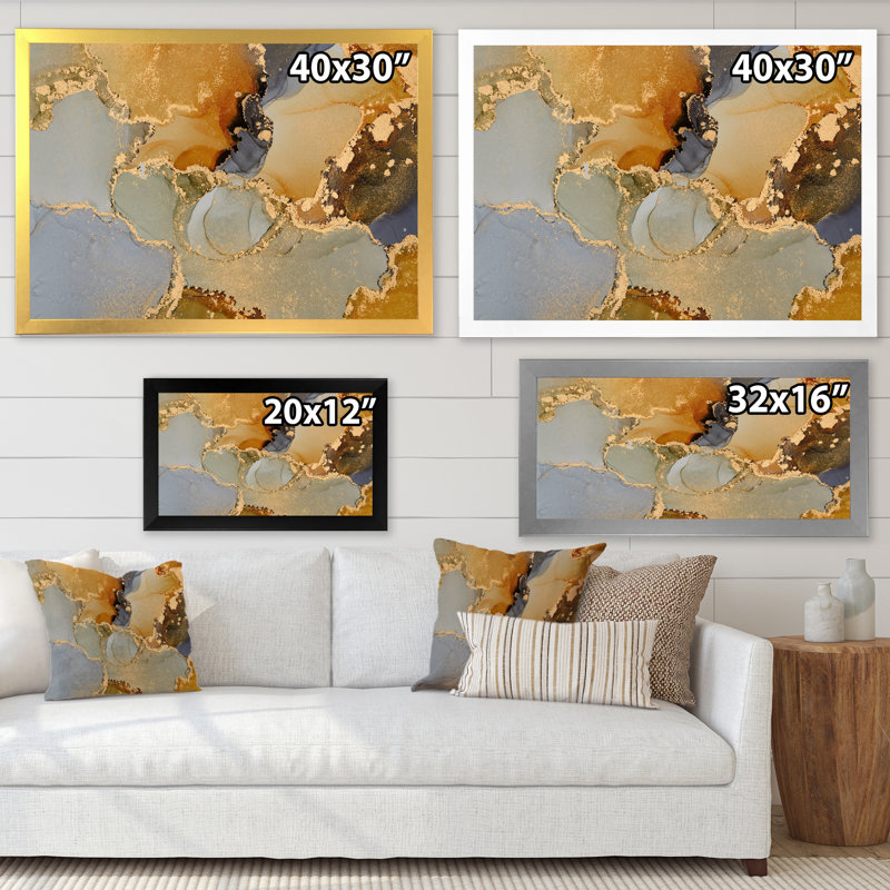 «Brown Luxury Abstract Fluid Art I», reproduction d'art sur toile moderne, H 16 po x l 32 po x P 1 po, Cadre photo argenté