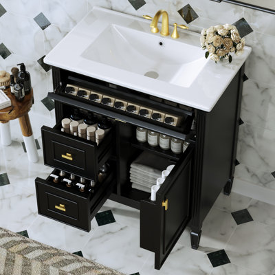 30 Inches Freestanding Bathroom Vanity Set In White With  Ceramic Basin