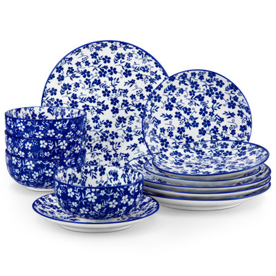 12 Pieces Porcelain Dinnerware, Round Plate, Dinner Plate, Dessert Plate And Bowl, Serve For 4 Person, Blue And White Porcelain, Ceramic Decal, Four Different Paintings