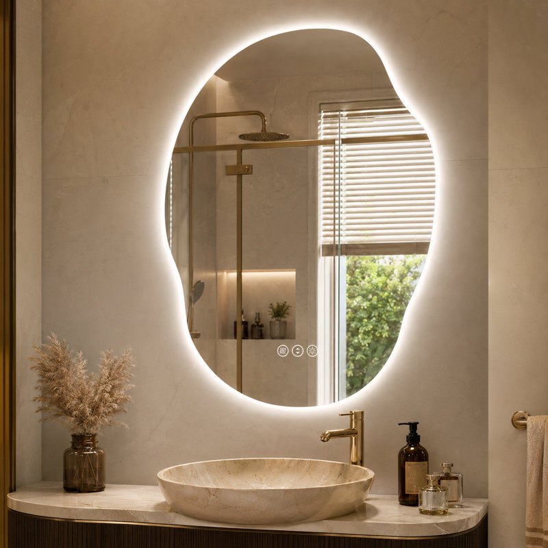 Miroir de salle de bain à rétroéclairage DEL irrégulier avec traitement antibuée, intensité lumineuse réglable à 3 températures de couleur, double commande tactile et verre trempé