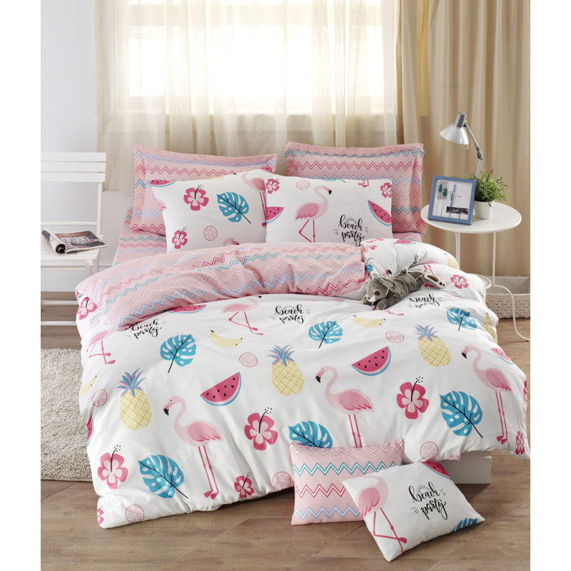 Ensemble de housse de couette douce double 79 po x 79 po | 65% coton / 35% polyester, 120 fils | 2 taies d'oreiller (31,5 po x 31,5 po) | Élégant motif blanc, rose, bleu et jaune, lavable à la machine, fermeture à boutons
