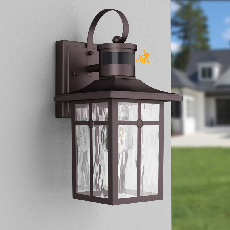 Dallas 13''H Aluminum Oil Rubbed Bronze ETL Water Ripple Glass Outdoor Wall Light with Motion Sensor and Dusk to Dawn