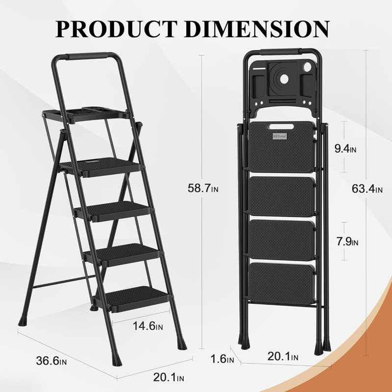 Folding Step Stool With Wide Anti-Slip Pedal, Sturdy Steel Ladder, Convenient Handrail, Lightweight, Portable Steel Step Stool