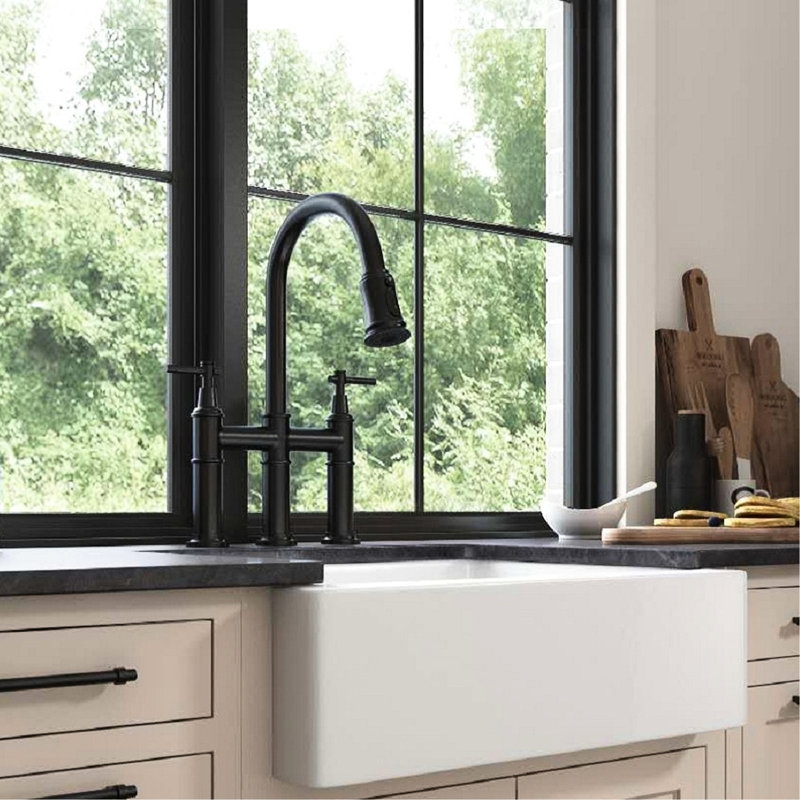 Évier de cuisine blanc, L 24 po x l 19 po, style tablier frontal, céramique, bols profonds pour ustensiles, cuisson à haute température, teinture, qualité et design moderne, plats faciles à vivre, style