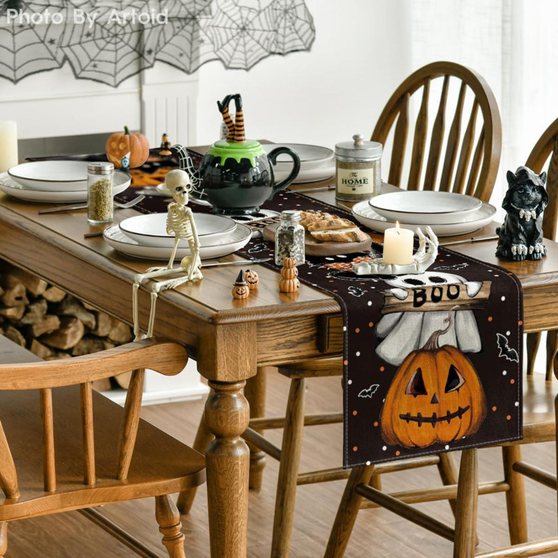 Polka Dot Ghost Pumpkin Cat Boo Halloween Table Runner, Bat Seasonal Fall Kitchen Dining Table Decoration For Home Party Decor