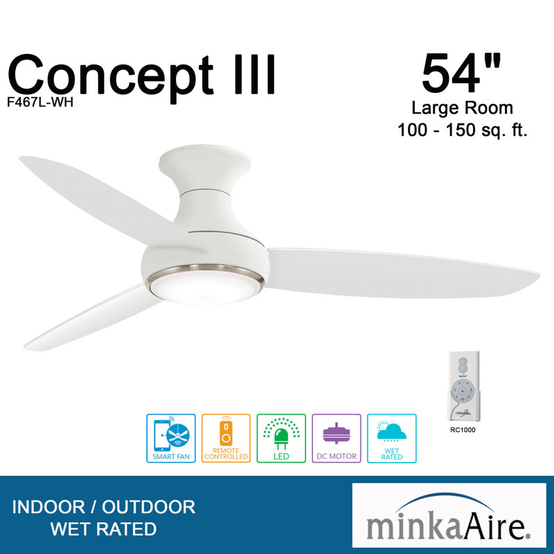 54" Concept III 3 -Blade LED Smart Standard Ceiling Fan with Remote Control and Light Kit Included, White