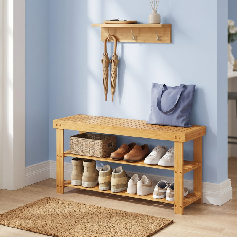 Banc de rangement pour 8 paires de chaussures, étagère à chaussures en bambou à 3 niveaux, Natural