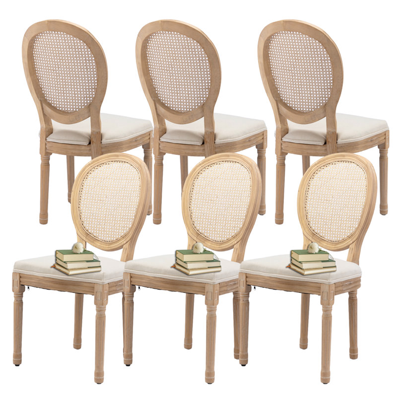 Beige Upholstered Cane Back Wood Side Chair Set