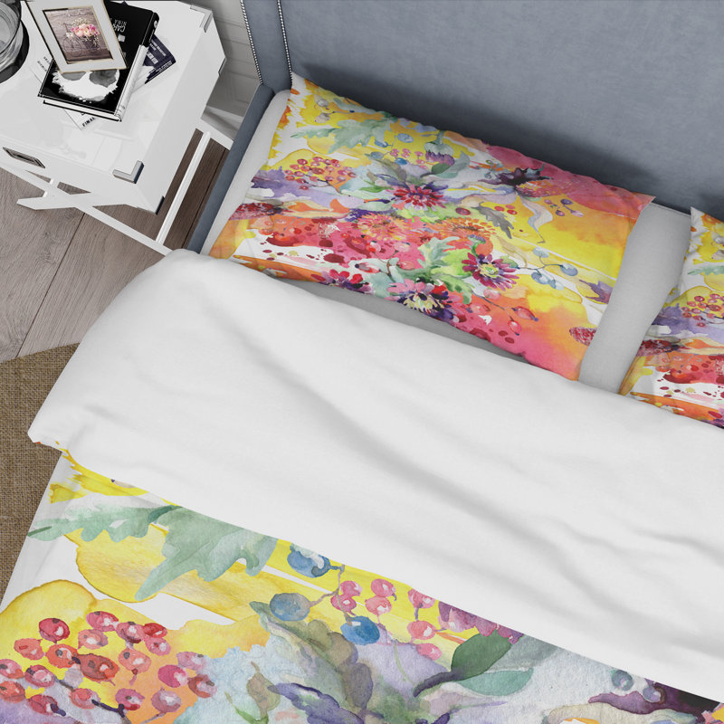 Vibrant Wild Spring Leaves and Wildflowers - Ensemble de housse de couette moderne - Microfibre de polyester
